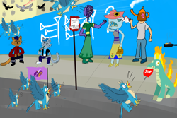 Size: 2400x1600 | Tagged: safe, artist:horsesplease, imported from derpibooru, capper dapperpaws, chummer, gallus, ocellus, stygian, tianhuo, anthro, bird, biteacuda, fish, griffon, pigeon, them's fightin' herds, my little pony: the movie, alcohol, beer, behaving like a rooster, bottle, chewing, cigarette, crowing, cuneiform, dresiarz, eating, fan, flag, gallus coop, gallus the rooster, gopnik, griffonstone, hittite, mane of fire, multeity, nom, paint tool sai, parade, random, road, sign, smoking, teapot, tianhuo (tfh), tianhuo and a road sign, walking campfire