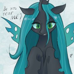 Size: 1500x1500 | Tagged: safe, artist:vladislav_180, imported from derpibooru, queen chrysalis, changeling, changeling queen, bronybait, female, question, simple background, solo, talking to viewer, white background