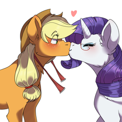 Size: 1000x1000 | Tagged: safe, artist:slushshe, imported from derpibooru, applejack, rarity, earth pony, pony, unicorn, cowboy hat, cute, eyes closed, female, hat, jackabetes, kissing, lesbian, mare, raribetes, rarijack, shipping, simple background, stetson