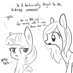 Size: 1280x1280 | Tagged: safe, artist:tjpones, imported from derpibooru, queen chrysalis, twilight sparkle, alicorn, changeling, changeling queen, pony, cute, cutealis, dialogue, duo, duo female, female, lineart, mare, missing horn, monochrome, sketch, twilight sparkle (alicorn)