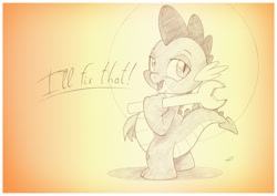 Size: 1073x759 | Tagged: safe, artist:sherwoodwhisper, imported from derpibooru, spike, dragon, looking at you, male, monochrome, sepia, simple background, solo, wrench