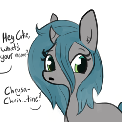 Size: 1280x1280 | Tagged: safe, artist:tjpones, imported from derpibooru, queen chrysalis, pony, unicorn, blatant lies, dialogue, disguise, disguised changeling, ear fluff, female, mare, offscreen character, paper-thin disguise, seems legit, simple background, solo, white background