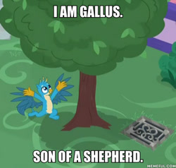 Size: 600x570 | Tagged: safe, edit, edited screencap, imported from derpibooru, screencap, gallus, griffon, what lies beneath, cropped, ed edd n eddy, hands across ed, image macro, kneeling, male, meme, memeful.com, rolf, solo, spread wings, tree, wings