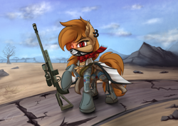 Size: 1280x905 | Tagged: safe, artist:calena, imported from derpibooru, oc, oc only, oc:pumpkin spice, bat pony, pony, fallout equestria, bat pony oc, bat wings, chest fluff, clothes, cloud, cyberpunk, dead tree, ear fluff, ear piercing, earring, fallout, fangs, female, gun, handgun, hooves, jewelry, looking at you, mare, piercing, pistol, raised hoof, revolver, road, scarf, scope, solo, tree, wasteland, weapon, wings