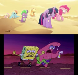 Size: 761x738 | Tagged: safe, edit, edited screencap, imported from derpibooru, screencap, applejack, fluttershy, pinkie pie, rainbow dash, rarity, spike, twilight sparkle, alicorn, my little pony: the movie, are we there yet, bags under eyes, comparison, desert, exhausted, mane seven, mane six, patrick star, spongebob squarepants, spongebob squarepants (character), sweat, the spongebob squarepants movie, tired, twilight sparkle (alicorn)