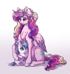 Size: 2161x2269 | Tagged: safe, artist:marbola, imported from derpibooru, princess cadance, princess flurry heart, alicorn, pony, chest fluff, cute, cutedance, duo, duo female, ear fluff, female, filly, filly flurry heart, fluffy, flurrybetes, mama cadence, mare, mother and daughter, pregdance, pregnant