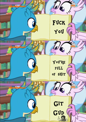 Size: 1046x1476 | Tagged: safe, edit, edited screencap, imported from derpibooru, screencap, gallus, silverstream, what lies beneath, doom guy, doomguy, exploitable meme, fuck you, git gud, meme, middle finger, nickelodeon, open book, reaction image, silverstream's book meme, vulgar, you're full of shit