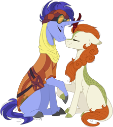 Size: 1319x1482 | Tagged: safe, artist:sychia, imported from derpibooru, autumn blaze, hoo'far, kirin, pony, saddle arabian, unicorn, road to friendship, sounds of silence, awwtumn blaze, boop, clothes, cloven hooves, commission, crack shipping, cute, eyes closed, female, goggles, headband, headscarf, holding hooves, hoo'blaze, kirinbetes, male, mare, noseboop, robe, saddle bag, scarf, shipping, signature, simple background, stallion, straight, transparent background, unshorn fetlocks, why not