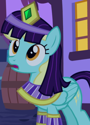 Size: 680x944 | Tagged: safe, imported from derpibooru, screencap, sassaflash, pegasus, pony, luna eclipsed, background pony, cleopatra, clothes, costume, cropped, female, mare, nightmare night costume, outfit catalog, solo, wig