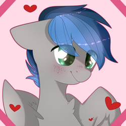 Size: 2000x2000 | Tagged: safe, artist:etoz, imported from derpibooru, oc, oc:kyran, pegasus, pony, blushing, bust, colt, heart, male, wings, ych result