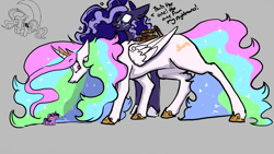 Size: 1280x720 | Tagged: safe, artist:greyscaleart, artist:jargon scott, artist:wafflecakes, imported from derpibooru, princess celestia, princess luna, twilight sparkle, alicorn, pony, alternate cutie mark, book, collaboration, constellation freckles, crescent moon, editorial cutie mark, evil, freckles, glowing eyes, gray background, hoof shoes, moon, red eyes, self ponidox, simple background, tangible heavenly object, that pony sure does love books, tiny, tiny ponies, twiggie, twilight sparkle (alicorn)