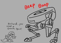 Size: 484x343 | Tagged: safe, artist:jargon scott, imported from derpibooru, fluttershy, beep boop, giant robot, gray background, monochrome, partial color, roomba, roombashy, simple background