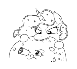 Size: 341x305 | Tagged: safe, artist:jargon scott, imported from derpibooru, princess luna, alicorn, pony, a trip to the moon, attempted vore, bullet, edible heavenly object, eye scream, female, mare, monochrome, moon, nom, simple background, tangible heavenly object, white background