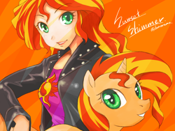 Size: 2048x1536 | Tagged: safe, artist:bonoramo, imported from derpibooru, sunset shimmer, pony, unicorn, equestria girls, anime, clothes, cute, female, human ponidox, jacket, leather jacket, looking at you, mare, self ponidox, shirt, solo