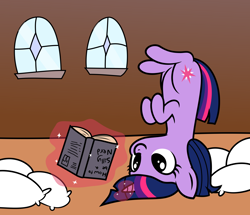 Size: 2500x2150 | Tagged: safe, artist:slb94, artist:tjpones, imported from derpibooru, twilight sparkle, pony, unicorn, adorkable, book, cute, dork, female, glowing horn, magic, nerd, pillow, reading, silly, silly pony, solo, telekinesis, twiabetes, unicorn twilight, upside down