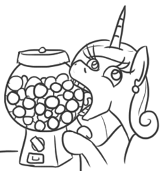 Size: 524x541 | Tagged: safe, artist:jargon scott, imported from derpibooru, princess cadance, alicorn, pony, gumball machine, lineart, majestic as fuck, monochrome, nom, wat