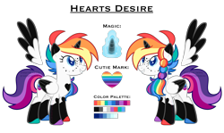 Size: 3700x2200 | Tagged: safe, artist:eyesorefortheb, artist:eyesorefortheblind, imported from derpibooru, oc, oc:hearts desire, alicorn, pony, alicorn oc, base used, colored hooves, glowing horn, rainbow hair, rainbows, reference sheet, simple background, solo, transparent background