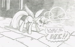 Size: 2489x1570 | Tagged: safe, artist:j-tib, imported from derpibooru, twilight sparkle, alicorn, pony, blast, female, magic, magic blast, monochrome, solo, speech, speech bubble, traditional art, twilight sparkle (alicorn)