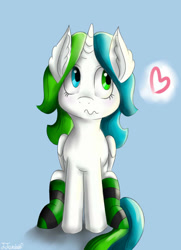 Size: 595x822 | Tagged: safe, artist:twily09, imported from derpibooru, oc, oc only, alicorn, pony, alicorn oc, clothes, cutie mark, heart, heterochromia, socks, solo, stockings, striped socks, thigh highs, trade