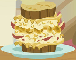 Size: 749x589 | Tagged: safe, imported from derpibooru, screencap, parental glideance, cropped, food, no pony, pasta and potato sandwich on sourdough, sandwich