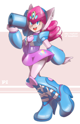 Size: 1741x2682 | Tagged: safe, artist:thegreatrouge, imported from derpibooru, pinkie pie, robot, equestria girls, axl, boots, clothes, crossover, female, gloves, high res, mega man, mega man (series), megaman, megaman x, motorcross, party cannon, reploid, roboticization, shoes, skirt, solo