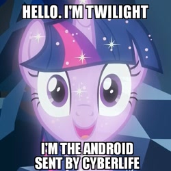 Size: 539x539 | Tagged: safe, edit, edited screencap, imported from derpibooru, screencap, tree of harmony, pony, what lies beneath, bust, cave, connor, cropped, cyberlife, detroit: become human, female, mare, meme, smiling, solo, sparkles, treelight sparkle