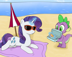 Size: 1694x1330 | Tagged: safe, artist:kirr12, imported from derpibooru, rarity, spike, dragon, pony, unicorn, beach, duo, female, magic, male, mare, ocean, sand, shipping, sparity, straight, summer, sunglasses, umbrella