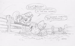 Size: 3167x1953 | Tagged: safe, artist:dilarus, deleted from derpibooru, imported from derpibooru, apple bloom, sweetie belle, earth pony, pig, pony, unicorn, bow, commission, dialogue, dirty, fence, monochrome, mud, traditional art