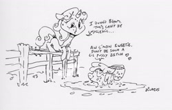 Size: 2421x1562 | Tagged: safe, artist:dilarus, deleted from derpibooru, imported from derpibooru, apple bloom, sweetie belle, earth pony, pony, unicorn, bow, commission, dialogue, fence, heart, monochrome, mud, nails, puddle, traditional art, vulgar