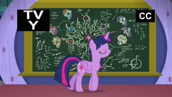 Size: 1920x1080 | Tagged: safe, imported from derpibooru, screencap, applejack, fluttershy, pinkie pie, rainbow dash, rarity, tree of harmony, twilight sparkle, alicorn, what lies beneath, chalkboard, eyes closed, fancy mathematics, female, mane six, math, tv rating, tv-y, twilight sparkle (alicorn), written equestrian