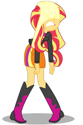 Size: 3000x4530 | Tagged: safe, artist:lifes-remedy, artist:remcmaximus, imported from derpibooru, sunset shimmer, equestria girls, abuse, atomic wedgie, boots, clothes, female, gritted teeth, high heel boots, humiliation, jacket, leather, leather jacket, mugen, panties, shimmerbuse, shoes, simple background, skirt, solo, sunset shimmer day, transparent background, underwear, wedgie, yellow underwear