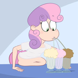 Size: 900x900 | Tagged: safe, artist:scobionicle99, imported from derpibooru, sweetie belle, human, abstract background, bbw, belly, belly button, big belly, chubbie belle, chubby, drinking, drinking straw, fat, feedee belle, female, gut rest, humanized, milkshake, solo, squishy, sweetie belly