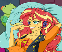 Size: 1280x1067 | Tagged: safe, artist:albertbm, imported from derpibooru, ray, sunset shimmer, gecko, parakeet, equestria girls, equestria girls series, bed, clothes, female, grin, headphones, pillow, plushie, smiling, sunset shimmer day