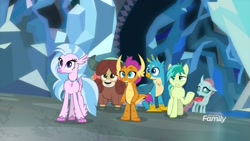 Size: 1920x1080 | Tagged: safe, imported from derpibooru, screencap, gallus, ocellus, sandbar, silverstream, smolder, yona, changedling, changeling, classical hippogriff, dragon, earth pony, griffon, hippogriff, pony, yak, what lies beneath, bow, cloven hooves, crystal, dragoness, female, hair bow, jewelry, male, monkey swings, necklace, nightmare cave, student six, teenager