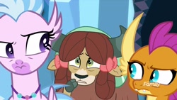 Size: 1920x1080 | Tagged: safe, imported from derpibooru, screencap, silverstream, smolder, yona, classical hippogriff, dragon, hippogriff, yak, what lies beneath, discovery family logo, dragoness, female, scared