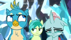 Size: 1920x1080 | Tagged: safe, imported from derpibooru, screencap, gallus, ocellus, sandbar, changedling, changeling, griffon, pony, what lies beneath, crystal, female, male, teenager, trio