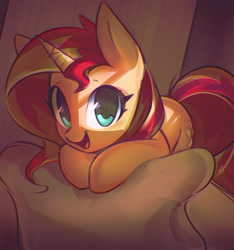 Size: 1112x1190 | Tagged: safe, artist:mirroredsea, imported from derpibooru, sunset shimmer, pony, unicorn, cute, daaaaaaaaaaaw, female, leaning, looking at you, mare, open mouth, shimmerbetes, smiling, solo