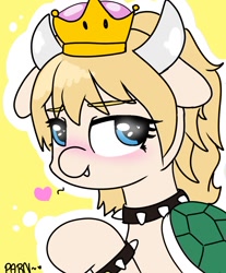 Size: 1024x1235 | Tagged: safe, artist:parn, imported from derpibooru, earth pony, pony, blushing, bowser, bowsette, bust, choker, crown, cute, cute little fangs, fanart, fangs, female, horns, jewelry, looking at you, mare, ponified, ponified meme, princess bowser, regalia, rule 63, simple background, spiked choker, super crown, tortoise shell, yellow background