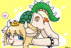 Size: 1024x696 | Tagged: safe, artist:parn, imported from derpibooru, earth pony, pony, blushing, bowser, bowsette, crown, cute, face down ass up, fanart, female, heart, horns, jewelry, lovely, mare, pictogram, ponified, princess bowser, regalia, rule 63, simple background, smiling, solo, speech bubble, super crown, tongue out, tortoise shell, yellow background