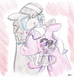 Size: 1396x1444 | Tagged: safe, artist:ptitemouette, imported from derpibooru, diamond tiara, silver spoon, oc, oc:amethyst, earth pony, pony, eyes closed, family, female, filly, floppy ears, glasses, lesbian, magical lesbian spawn, mare, offspring, open mouth, parent:diamond tiara, parent:silver spoon, parents:silvertiara, shipping, silvertiara, smiling, traditional art
