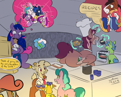 Size: 2000x1600 | Tagged: safe, artist:goat train, imported from derpibooru, big macintosh, flash sentry, princess cadance, princess celestia, princess luna, shining armor, trouble shoes, twilight sparkle, oc, oc:goatmod, oc:king speedy hooves, oc:queen galaxia, oc:tommy the human, alicorn, dove, earth pony, goat, human, pegasus, pony, unicorn, comic:fusing the fusions, alicorn tetrarchy, blushing, bread, commissioner:bigonionbean, cooking, cutie mark, food, fusion, fusion:king speedy hooves, fusion:queen galaxia, glowing horn, heart, horn, jewelry, kitchen, magic, olive branch, regalia, soup, speech bubble, thought bubble, twilight sparkle (alicorn), wings