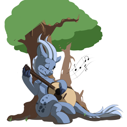 Size: 3000x3000 | Tagged: safe, artist:beardie, imported from derpibooru, oc, oc only, kirin, commission, guitar, horns, music notes, simple background, solo, transparent background, tree, under the tree