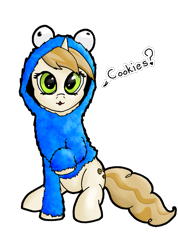 Size: 731x1027 | Tagged: safe, artist:tunrae, imported from derpibooru, sweet biscuit, pony, unicorn, adorabiscuit, clothes, cookie monster, costume, cute, dialogue, female, mare, simple background, transparent background