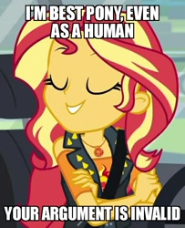 Size: 586x720 | Tagged: safe, edit, edited screencap, imported from derpibooru, screencap, sunset shimmer, driving miss shimmer, equestria girls, equestria girls series, argument, car, clothes, cropped, crossed arms, cute, cutie mark, discussion in the comments, eyelashes, eyes closed, female, geode of empathy, hand, image macro, meme, seatbelt, shimmerbetes, smug, solo, spikes, vest, your argument is invalid