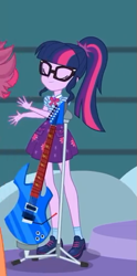 Size: 267x540 | Tagged: safe, imported from derpibooru, screencap, sci-twi, twilight sparkle, equestria girls, equestria girls series, rollercoaster of friendship, clothes, cropped, female, geode of telekinesis, glasses, guitar, ponytail, shoes, skirt, smiling, socks, solo focus