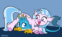 Size: 1000x600 | Tagged: safe, artist:empyu, imported from derpibooru, gallus, silverstream, classical hippogriff, griffon, hippogriff, blue background, cute, diastreamies, duo, female, gallabetes, gallstream, male, prone, quadrupedal, shipping, simple background, smiling, straight