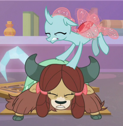 Size: 416x428 | Tagged: safe, imported from derpibooru, screencap, ocellus, yona, changedling, changeling, yak, what lies beneath, bow, cloven hooves, cropped, eyes closed, female, flying, grate, hair bow, monkey swings, pushing, stuck