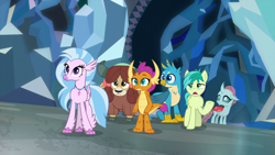 Size: 1280x720 | Tagged: safe, imported from derpibooru, screencap, gallus, ocellus, sandbar, silverstream, smolder, yona, changedling, changeling, classical hippogriff, dragon, earth pony, griffon, hippogriff, pony, yak, what lies beneath, bow, cloven hooves, dragoness, female, hair bow, jewelry, male, monkey swings, necklace, student six, teenager