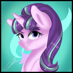 Size: 1181x1181 | Tagged: safe, artist:sweetkllrvane, imported from derpibooru, starlight glimmer, pony, unicorn, bust, female, smiling, solo