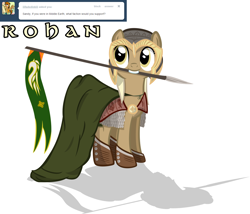 Size: 1280x1098 | Tagged: safe, artist:sintakhra, imported from derpibooru, mjölna, earth pony, pony, ask sandy pony, armor, cloak, clothes, flag, helmet, lord of the rings, mouth hold, rohan, solo